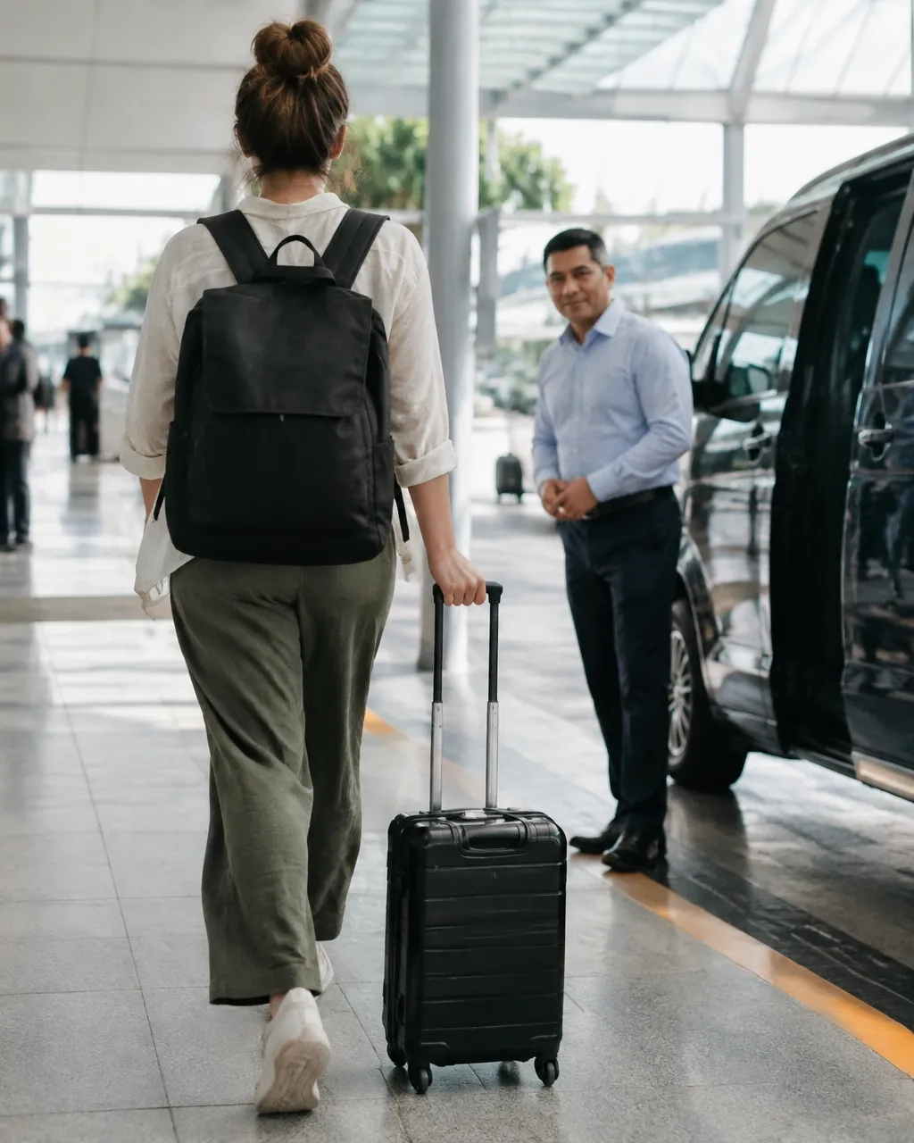 A traveler moving calmly through a station with a small bag