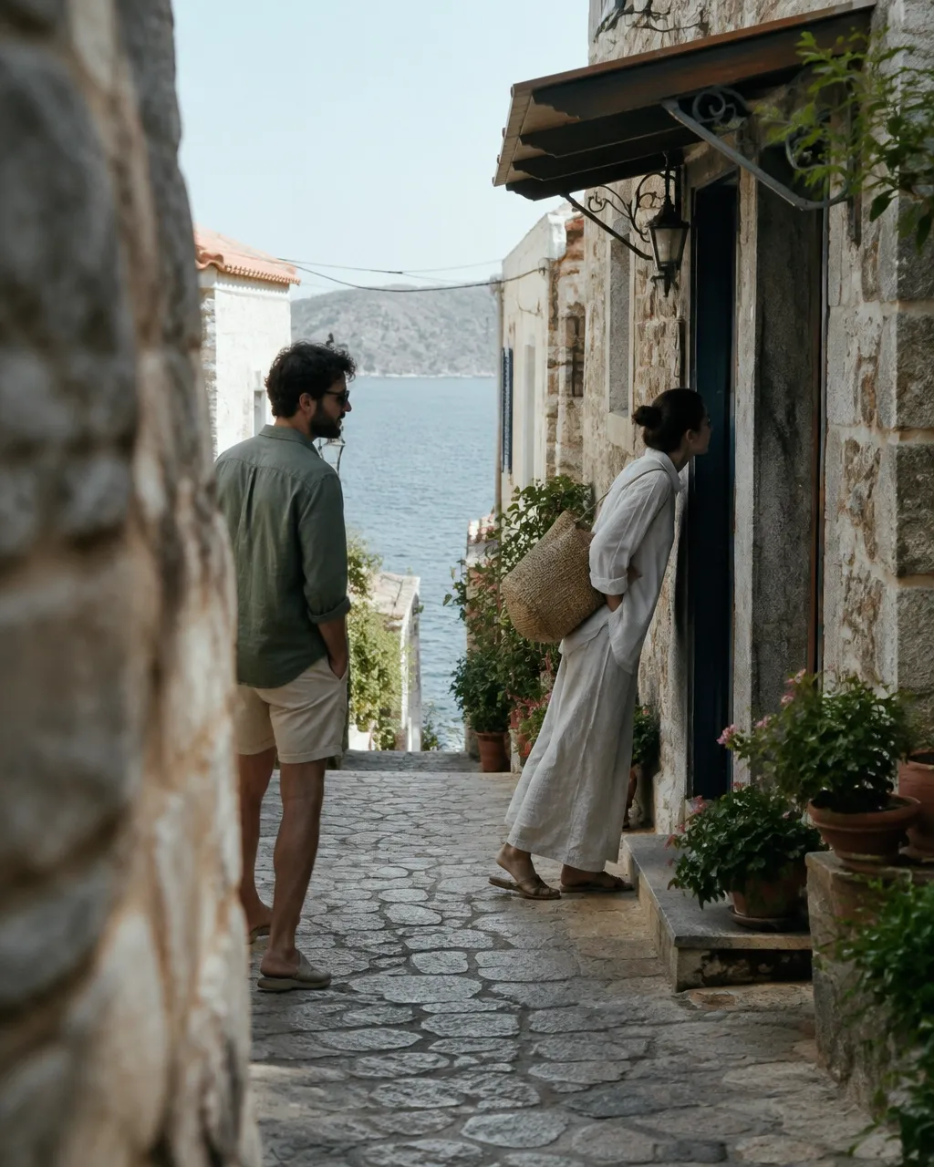 A couple taking their time in a quiet village lane